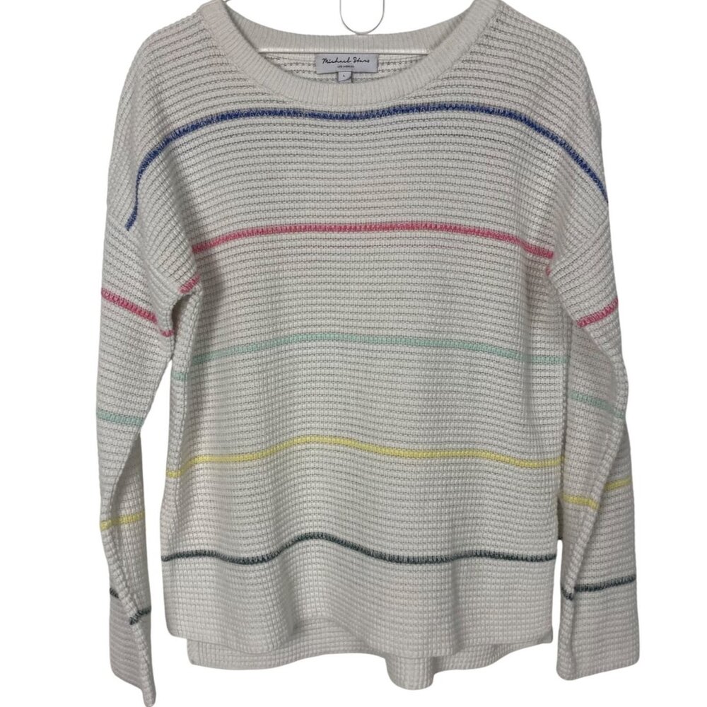 Michael Stars Waffle Knit Sweater Rainbow Stripe Womens Large White Long Sleeve